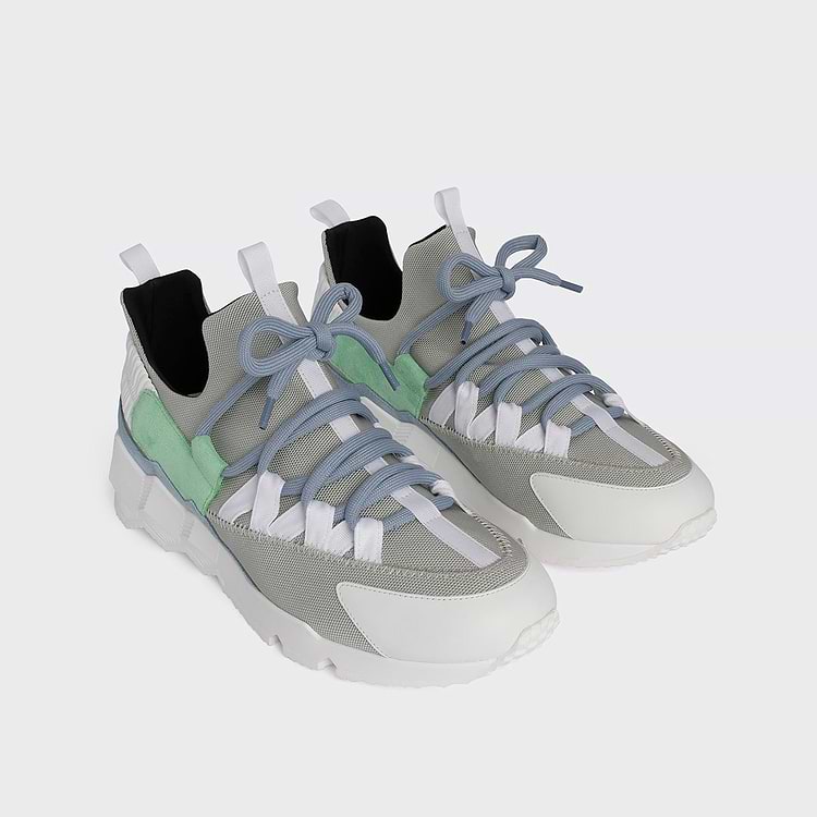 Pierre Hardy BASKETS TREK COMET Toile De Nylon Gris Clair Et Cuir De Veau Velours Vert Et Bleu Clair