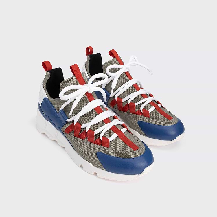 Pierre Hardy BASKETS TREK COMET Toile De Nylon Kaki Et Cuir De Veau Bleu