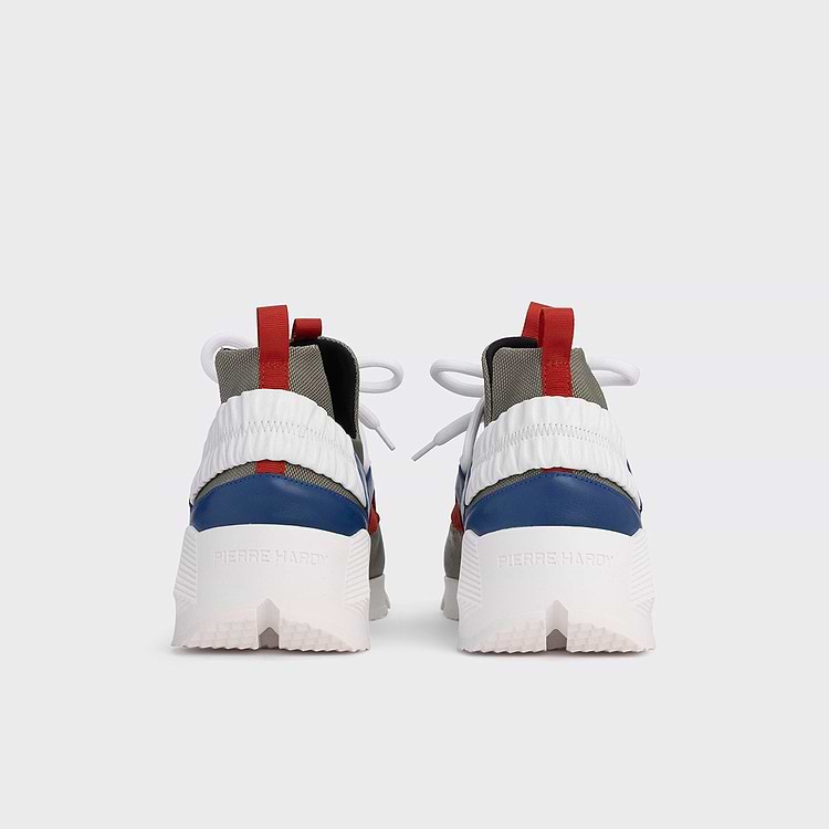 Pierre Hardy BASKETS TREK COMET Toile De Nylon Kaki Et Cuir De Veau Bleu