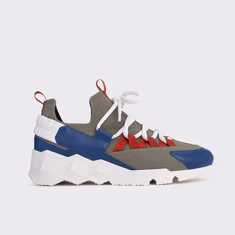 pierre hardy BASKETS TREK COMET Toile de nylon kaki et cuir de veau bleu