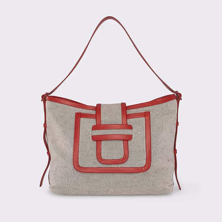 pierre hardy CABAS ALPHA DAY Toile de coton bio mélangé lin et ganses en cuir de veau rouge