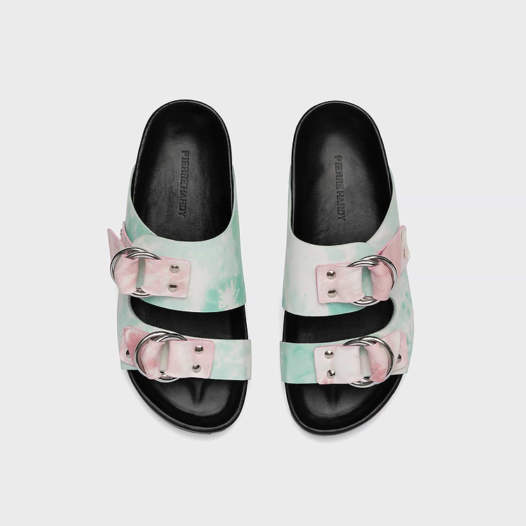 pierre Hardy MULE PLATE BEACH RIDER Cuir De Veau Imprimé Tie-dye Rose