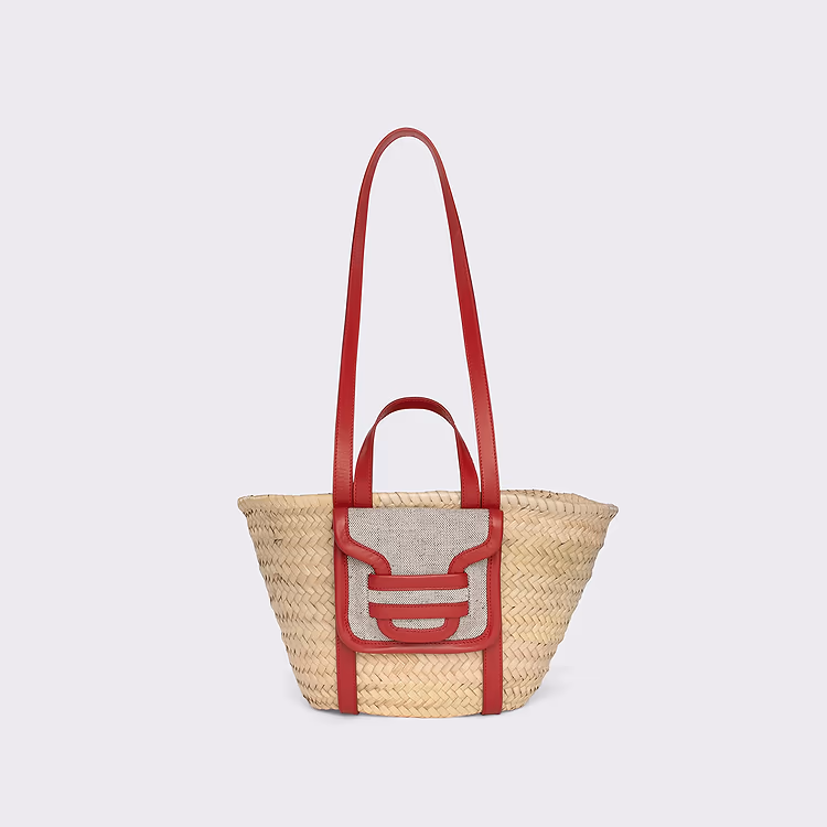 pierre hardy PANIER ALPHA MINI Raffia naturel et toile de coton bio et lin et cuir de veau rouge