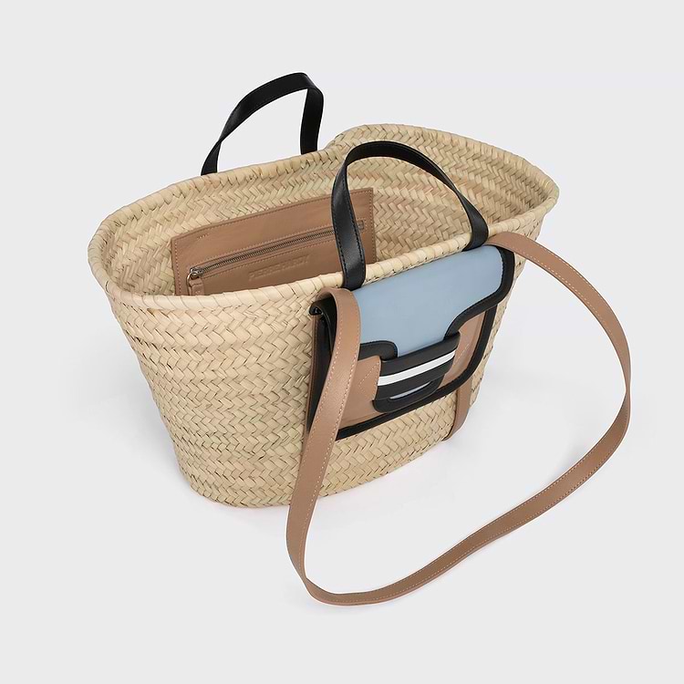 Pierre Hardy PANIER ALPHA Raffia Naturel Et Cuir Cappuccino & Bleu