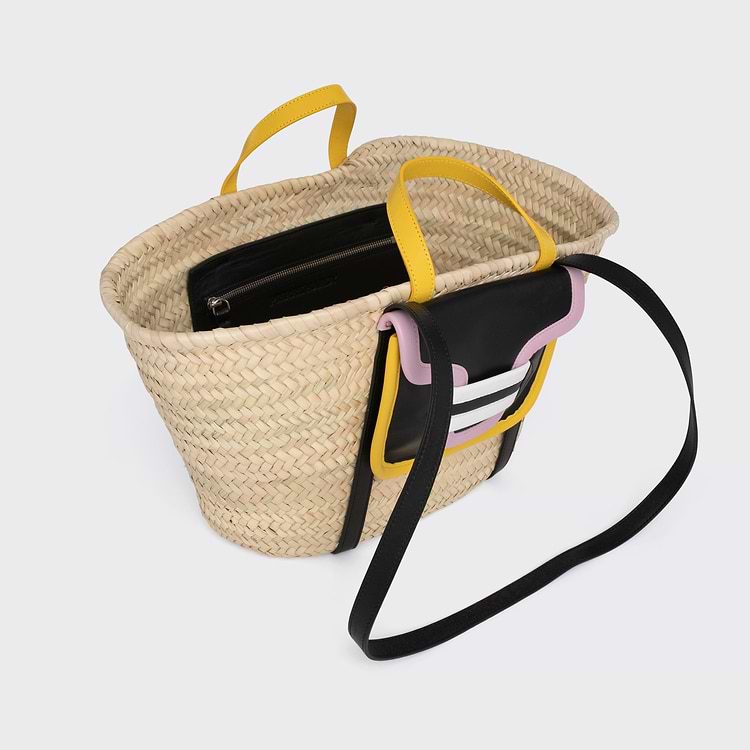 Pierre Hardy PANIER ALPHA Raffia Naturel Et Cuir Noir Jaune & Rose