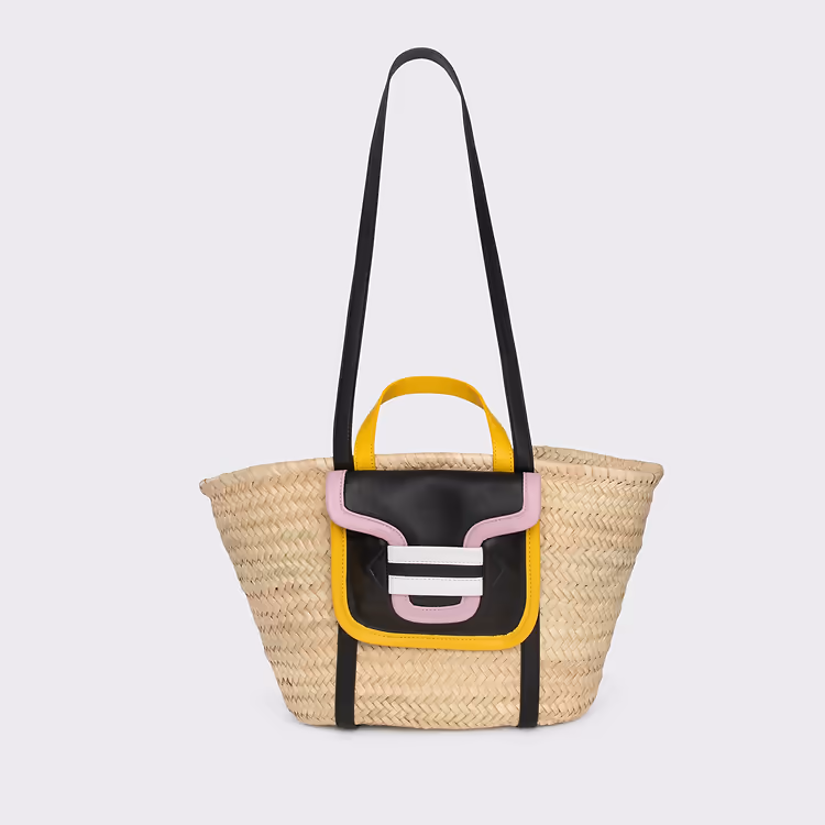 pierre hardy PANIER ALPHA Raffia naturel et cuir noir jaune & rose