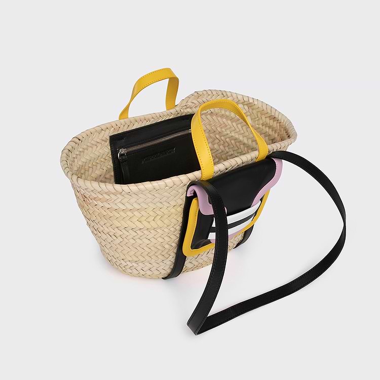 Pierre Hardy PANIER MINI ALPHA Raffia Naturel Cuir D'agneau Noir Et Cuir De Veau Jaune & Rose