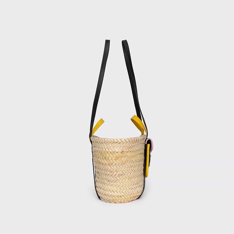 Pierre Hardy PANIER MINI ALPHA Raffia Naturel Cuir D'agneau Noir Et Cuir De Veau Jaune & Rose