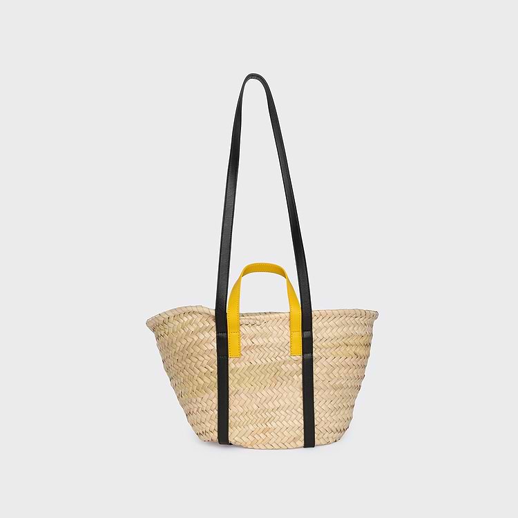 Pierre Hardy PANIER MINI ALPHA Raffia Naturel Cuir D'agneau Noir Et Cuir De Veau Jaune & Rose