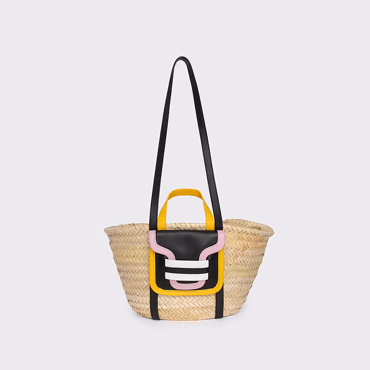 pierre hardy PANIER MINI ALPHA Raffia naturel cuir d'agneau noir et cuir de veau jaune & rose