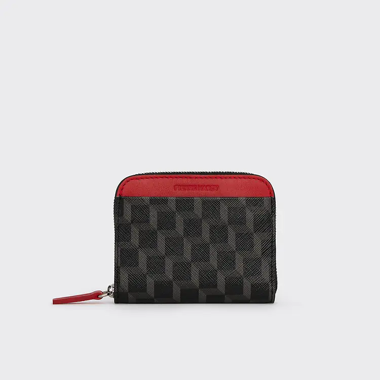pierre hardy PORTE MONNAIE GINZA Toile enduite Cube noir et cuir de veau rouge