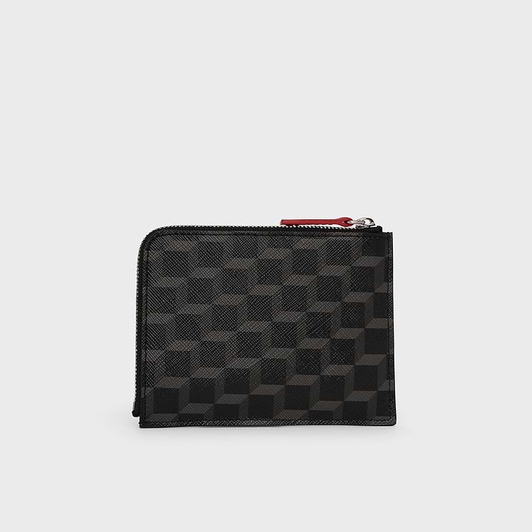 Pierre Hardy PORTE MONNAIE VALOIS Toile Enduite Cube Noir Et Cuir De Veau Rouge