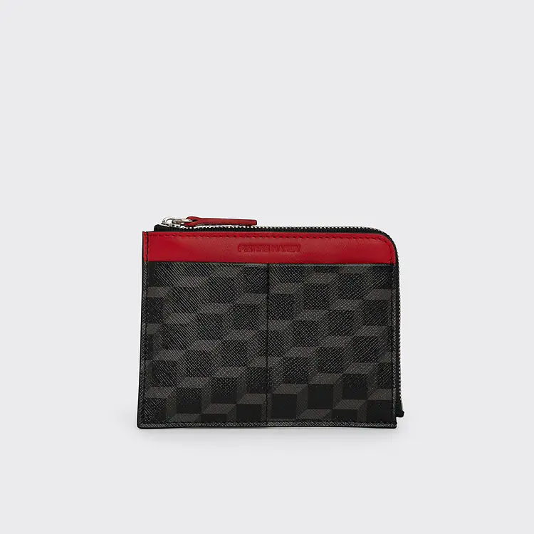 pierre hardy PORTE MONNAIE VALOIS Toile enduite Cube noir et cuir de veau rouge