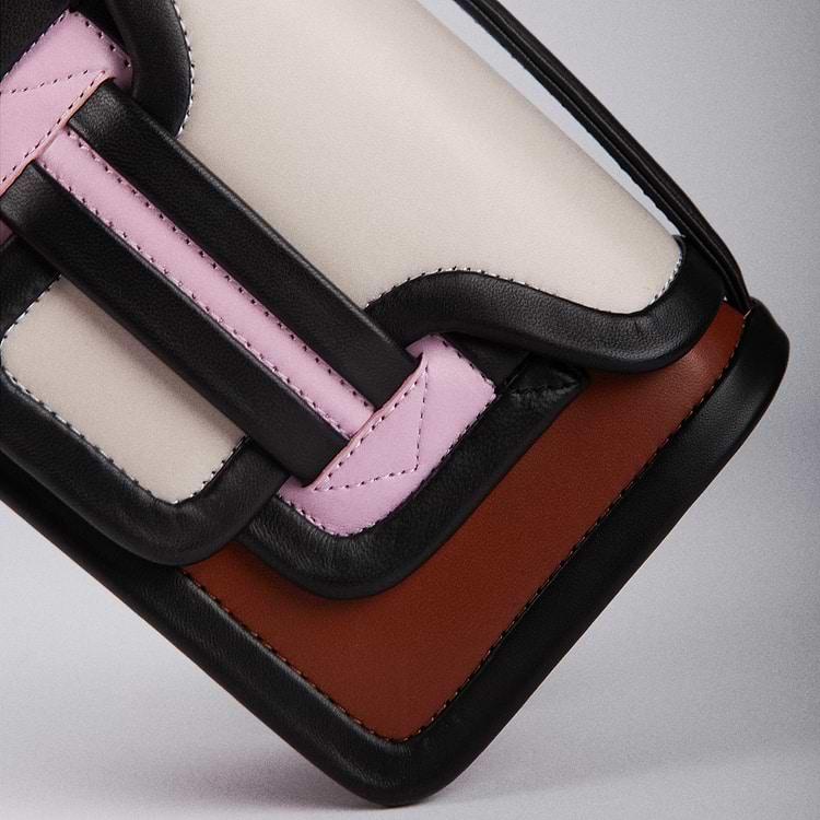 Pierre Hardy SAC À MAIN ALPHA Cuir D'agneau Camel Rose Et Blanc Cassé