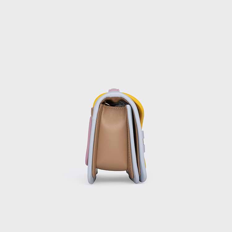 Pierre Hardy SAC À MAIN ALPHA Cuir De Veau Cappuccino Et Cuir D'agneau Bleu Ciel Rose & Jaune