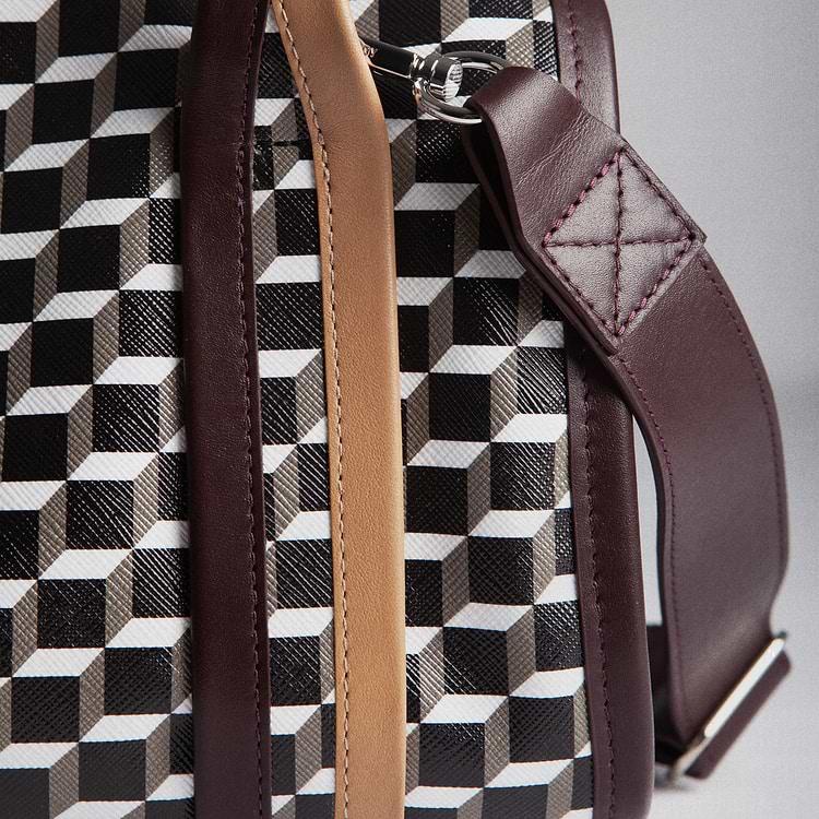 Pierre Hardy SAC À MAIN MINI CAB Toile Enduite Cube Perspective Et Ganses En Cuir De Veau Bordeaux Jaune & Capuccino