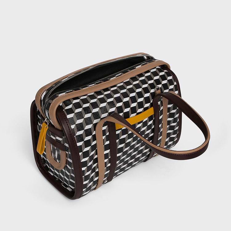 Pierre Hardy SAC À MAIN MINI CAB Toile Enduite Cube Perspective Et Ganses En Cuir De Veau Bordeaux Jaune & Capuccino