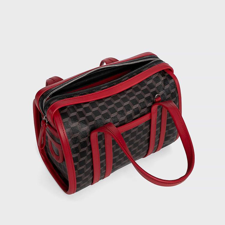 Pierre Hardy SAC À MAIN MINI CAB Toile Enduite Cube Perspective Noir Et Ganses En Cuir De Veau Rouge