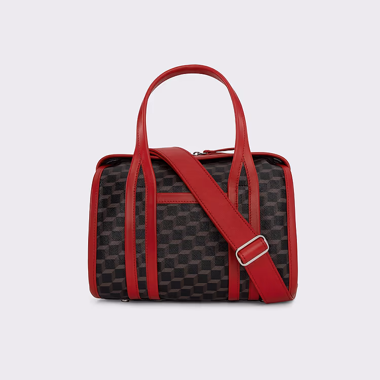 pierre hardy SAC À MAIN MINI CAB Toile enduite Cube Perspective noir et ganses en cuir de veau rouge
