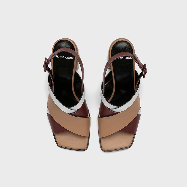 Pierre Hardy SANDALE À TALON ALPHA CROSS Cuir De Veau Bordeaux & Cappuccino