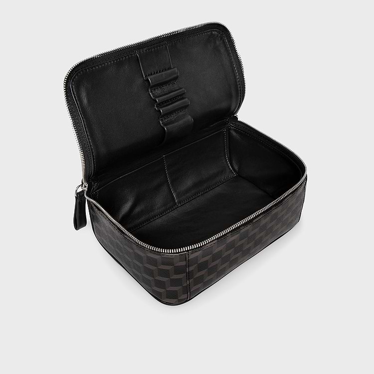 Pierre Hardy TROUSSE DE TOILETTE Toile Enduite Cube Perspective Noir Et Cuir De Veau Noir