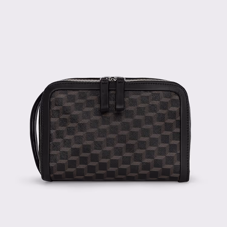 pierre hardy TROUSSE DE TOILETTE Toile enduite Cube Perspective noir et cuir de veau noir