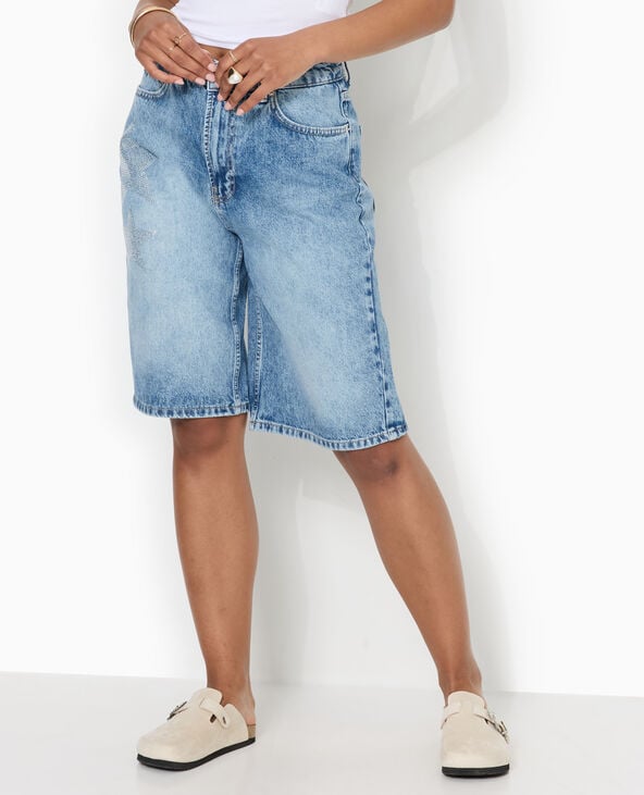 Pimkie Bermuda Large En Jean Avec étoiles En Strass - Bleu