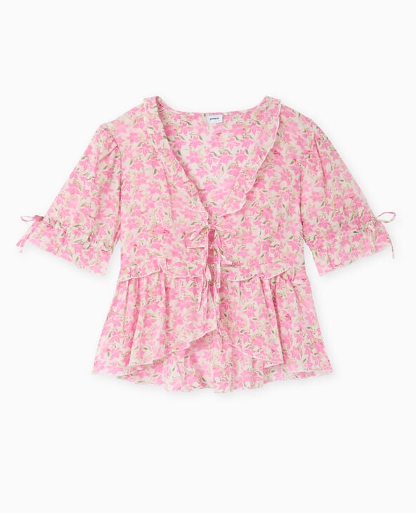 Pimkie Blouse Avec Nouettes Et Volants Motif Fleurs - Rose