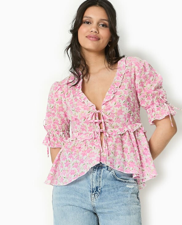 Pimkie Blouse Avec Nouettes Et Volants Motif Fleurs - Rose