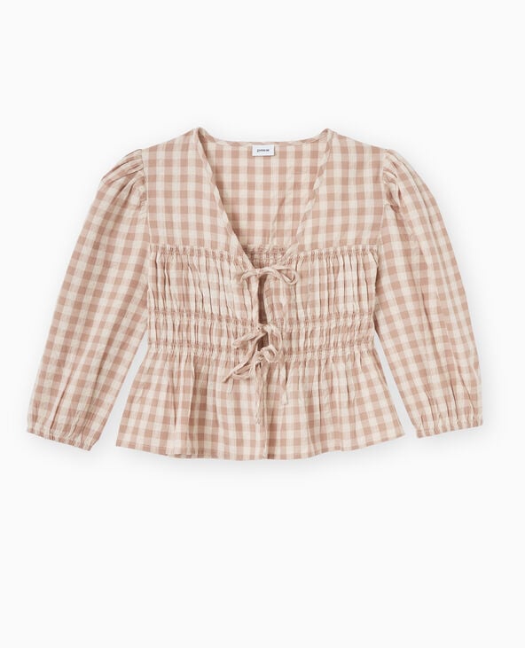 Pimkie Blouse Avec Smocks Et Nouettes Motif Vichy - Beige Chiné