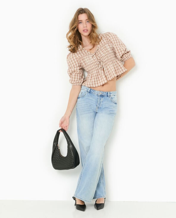 pimkie Blouse avec smocks et nouettes motif vichy - Beige chiné