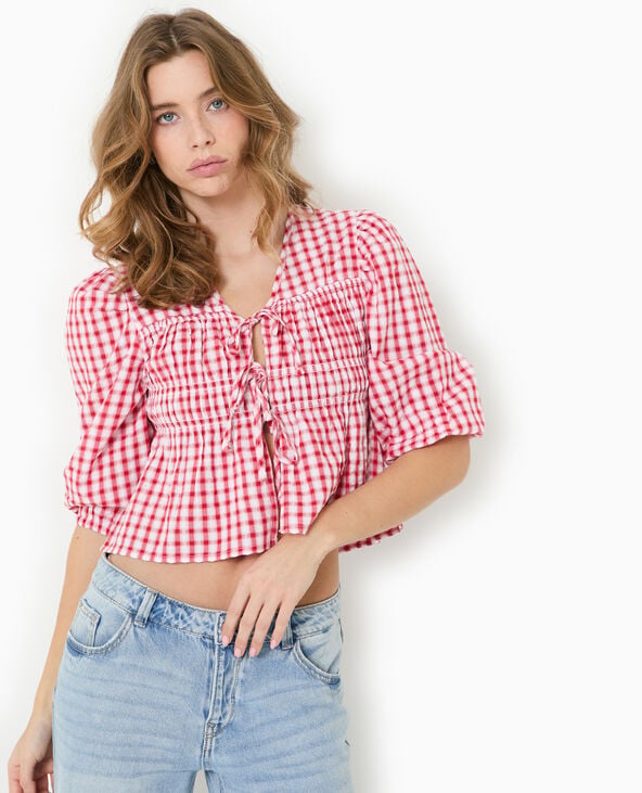 Pimkie Blouse Avec Smocks Et Nouettes Motif Vichy - Rouge