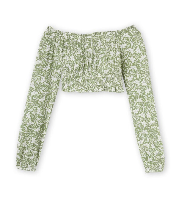Pimkie Blouse Courte Encolure Bardot Motif Fleurs - Vert