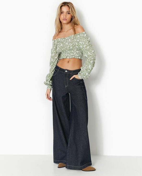 Pimkie Blouse Courte Encolure Bardot Motif Fleurs - Vert