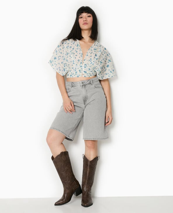 Pimkie Blouse Courte Manches Papillons Motif Fleurs - Blanc