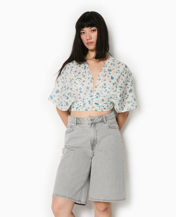 Pimkie Blouse Courte Manches Papillons Motif Fleurs - Blanc