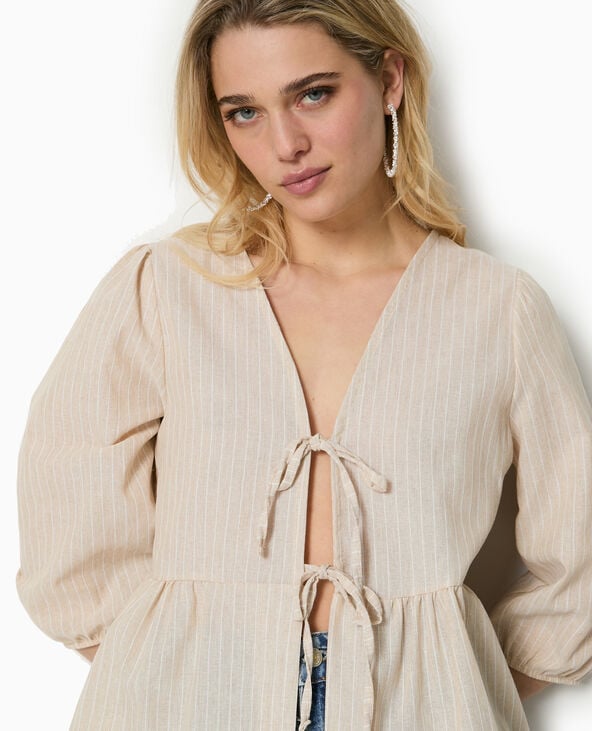 Pimkie Blouse Rayée Avec Nouettes Et Manches Bouffantes - Beige