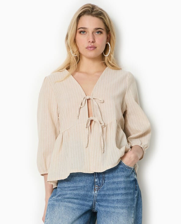 Pimkie Blouse Rayée Avec Nouettes Et Manches Bouffantes - Beige