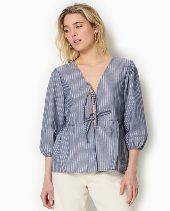 Pimkie Blouse Rayée Avec Nouettes Et Manches Bouffantes - Bleu Marine