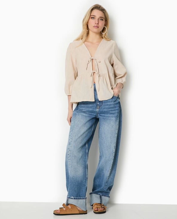 pimkie Blouse rayée avec nouettes et manches bouffantes - Beige