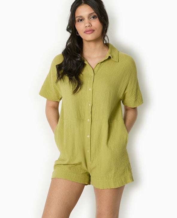 Pimkie Combishort Boutonnée En Gaze De Coton - Vert Kaki