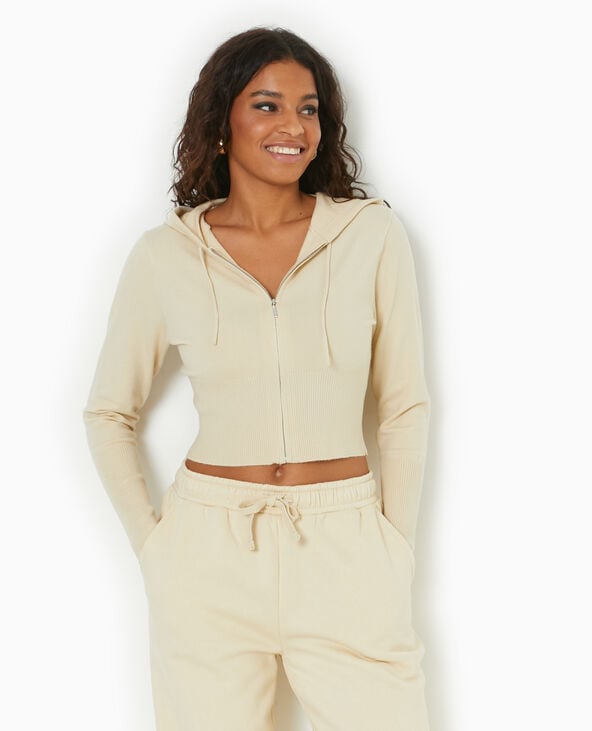 Pimkie Gilet Court Zippé En Maille Fine Avec Capuche - Beige