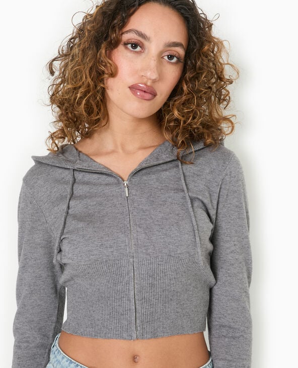 Pimkie Gilet Court Zippé En Maille Fine Avec Capuche - Gris Chiné