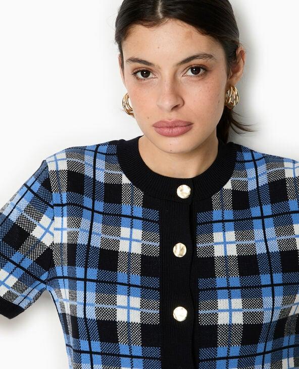 Pimkie Gilet Manches Courtes Motif Carreaux Jacquard - Bleu