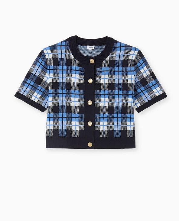 Pimkie Gilet Manches Courtes Motif Carreaux Jacquard - Bleu