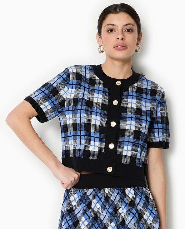 pimkie Gilet manches courtes motif carreaux jacquard - Bleu