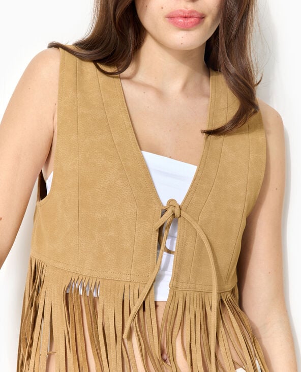 Pimkie Gilet Sans Manches En Suédine Avec Franges - Camel