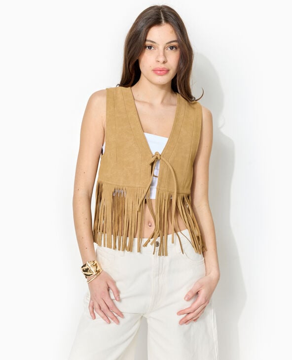 Pimkie Gilet Sans Manches En Suédine Avec Franges - Camel