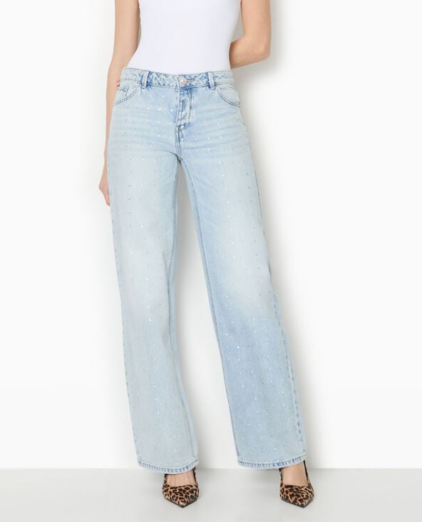Pimkie Jean Droit Taille Basse Avec Strass - Bleu Clair