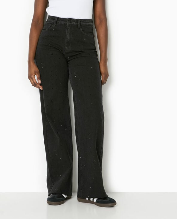 Pimkie Jean Wide Taille Haute Avec Brillants Noirs - Noir